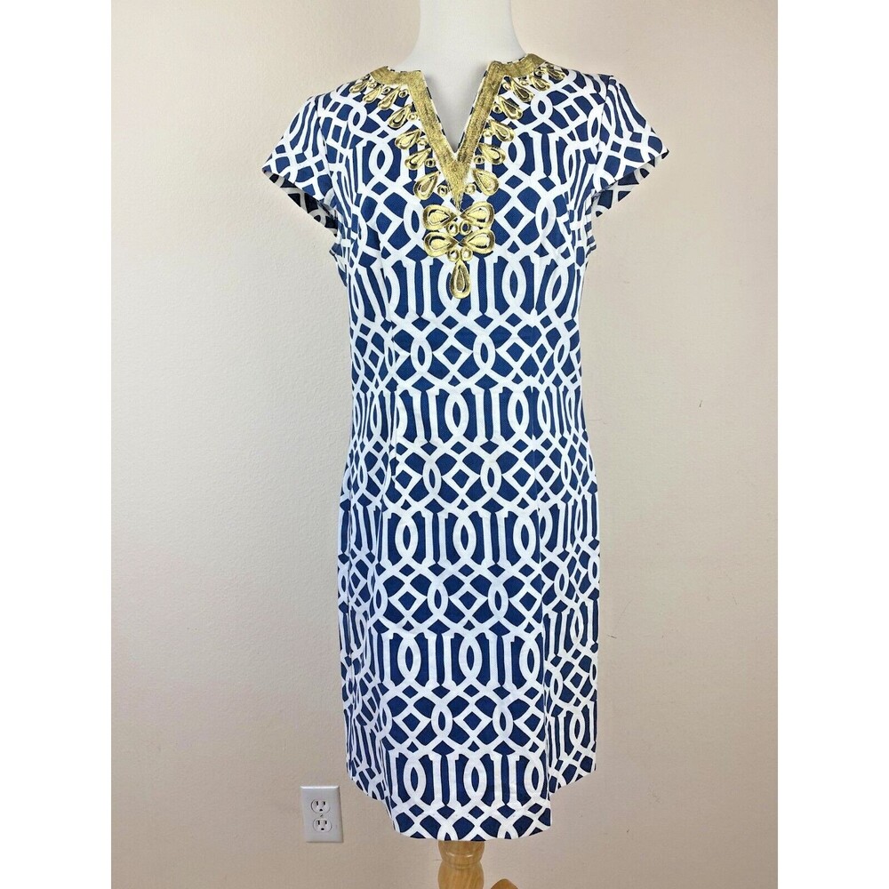 Mud Pie Blue White Chain Print Jackie Sheath Dress Gold Embroidered Neck S